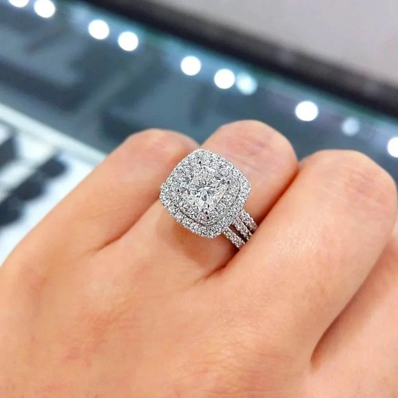 ▶3pcs/set Engagement Square Zircon Silver Classic Romantic Ring Set, L121